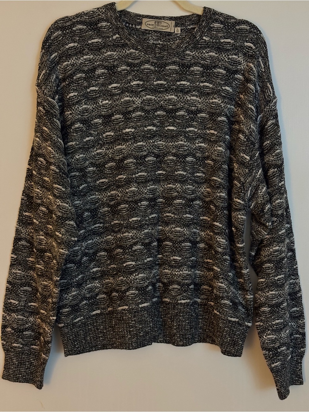 Vintage Pronto Uomo Men’s Black & White 3D Textured Knit Crewneck Sweater, Large
